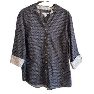 Foxcroft Womens Contrast Cuff Button Up Top Size 20W Office Collared Geometric